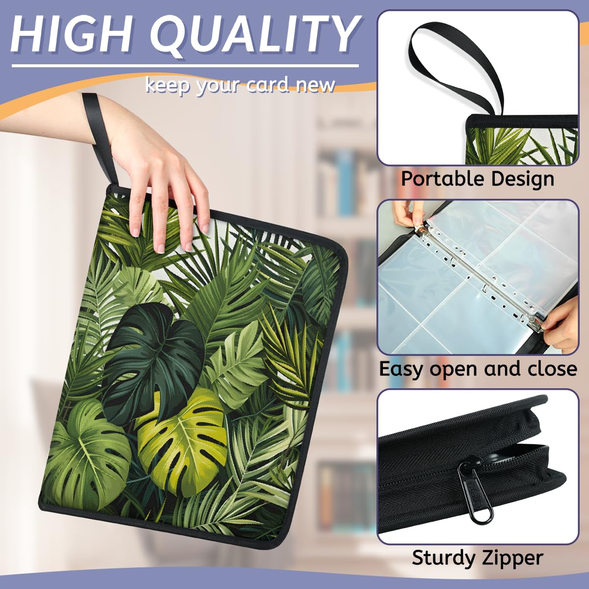 Raccoglitore per carte collezionabili con 4 tasche con foglie della giungla tropicale, raccoglitore per carte con foglie di palma, con maniche rimovibili, impermeabile, con cerniera, 50 pagine