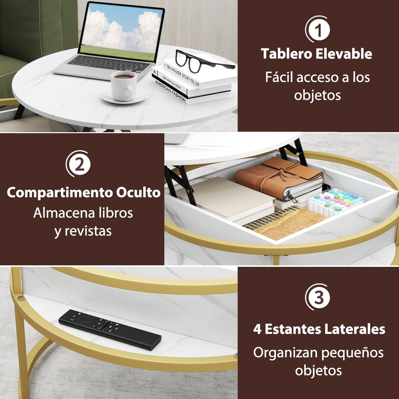 GOPLUS Mesa de Centro Elevable Redonda con Espacio Oculto