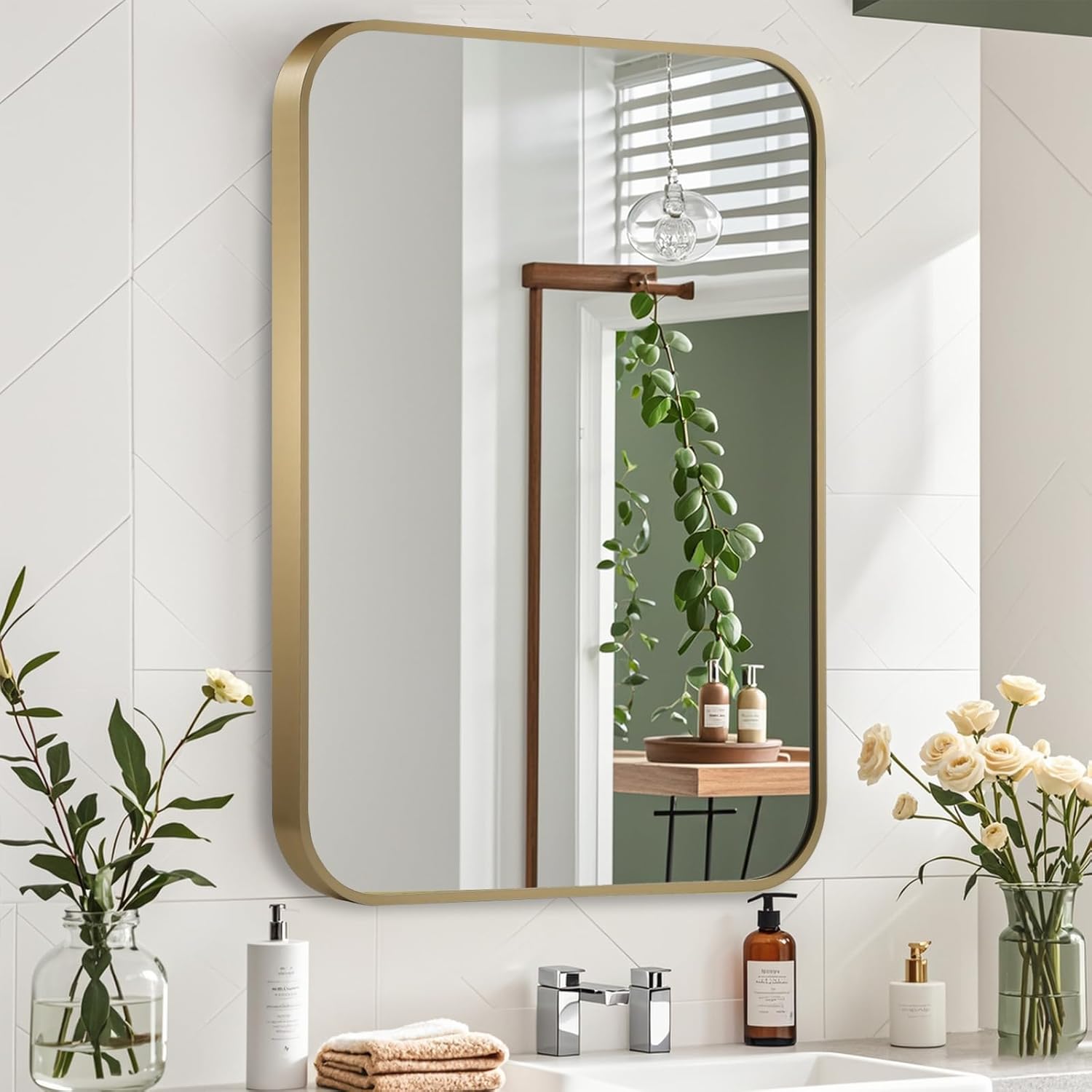 Gold Mirror, 20x28 Inch Framed Rectangle Mirror with Rounded Corner, Brushed Brass Mirror, Gold Bathroom Mirror for Over Sink, Vanity, Living Room, Bedroom, Horizontal/Vertical