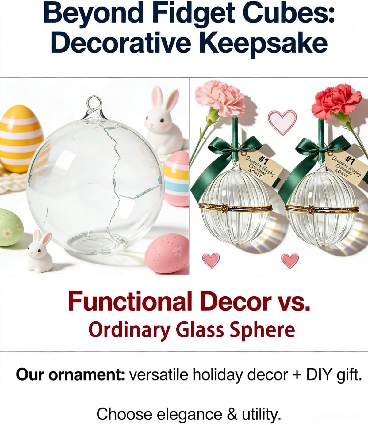 Hinged Ornament with Ribbon Accent, Ornament Keepsake, Fillable Ornament, Tabletop Décor Gifts, Opening for DIY Holiday Decorations, Suitable for Easter Basket Fillers and Mother's Day