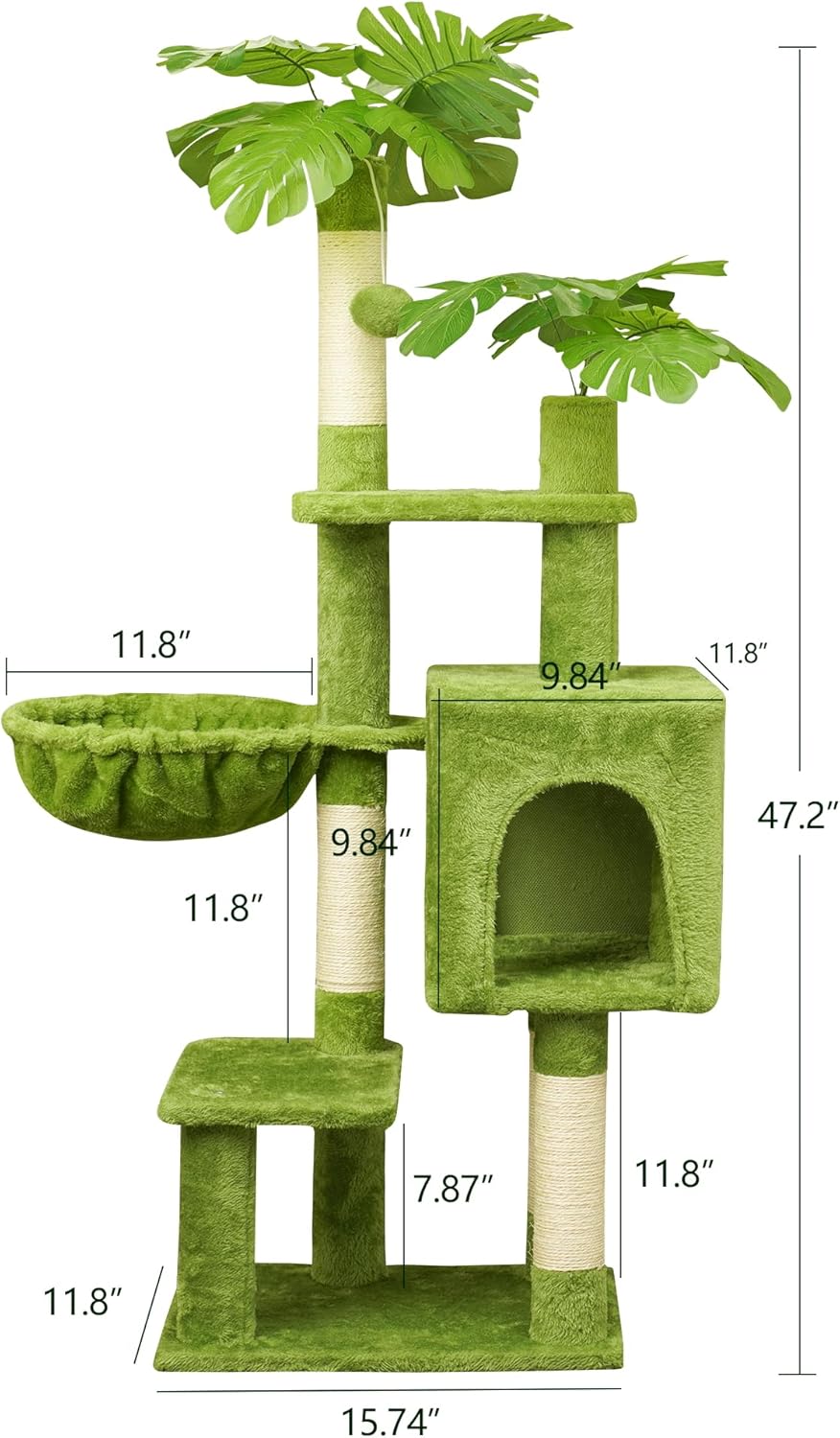 Meecal Green Tall Cat Tree 47-Inch for Kittens Under 6 Months 9lbs, Cat Tower for Small Cats - Scratching Post, Plush Hammock, Double Condos & Dangling Toys