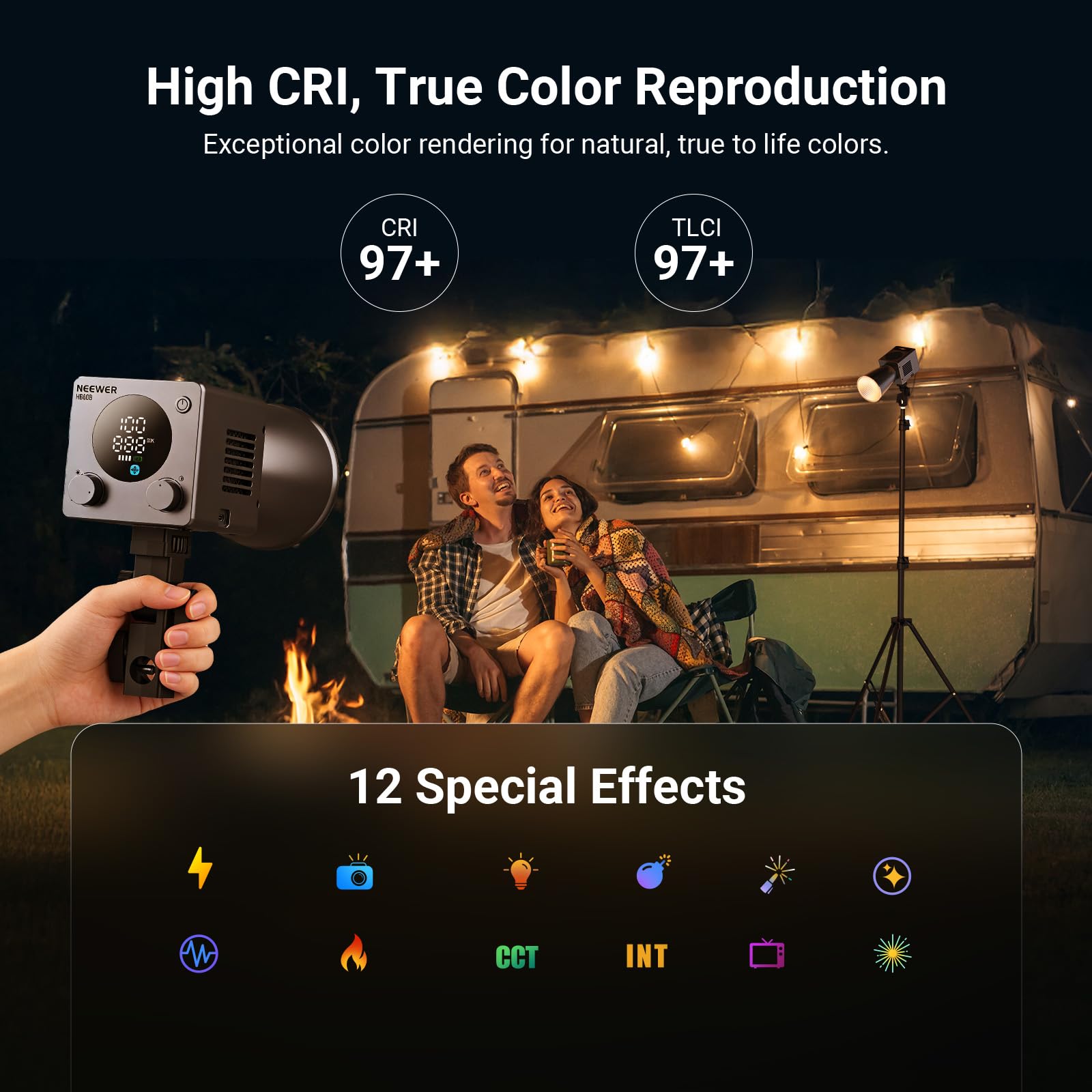 NEEWER 60W Mini lampa wideo LED i bateria 5 Wh/szybkie ładowanie PD 100 W, aplikacja/sterowanie 2,4 GHz/NFC, dwukolorowe oświetlenie studyjne COB o zmiennej intensywności, ciągły strumień świetlny od