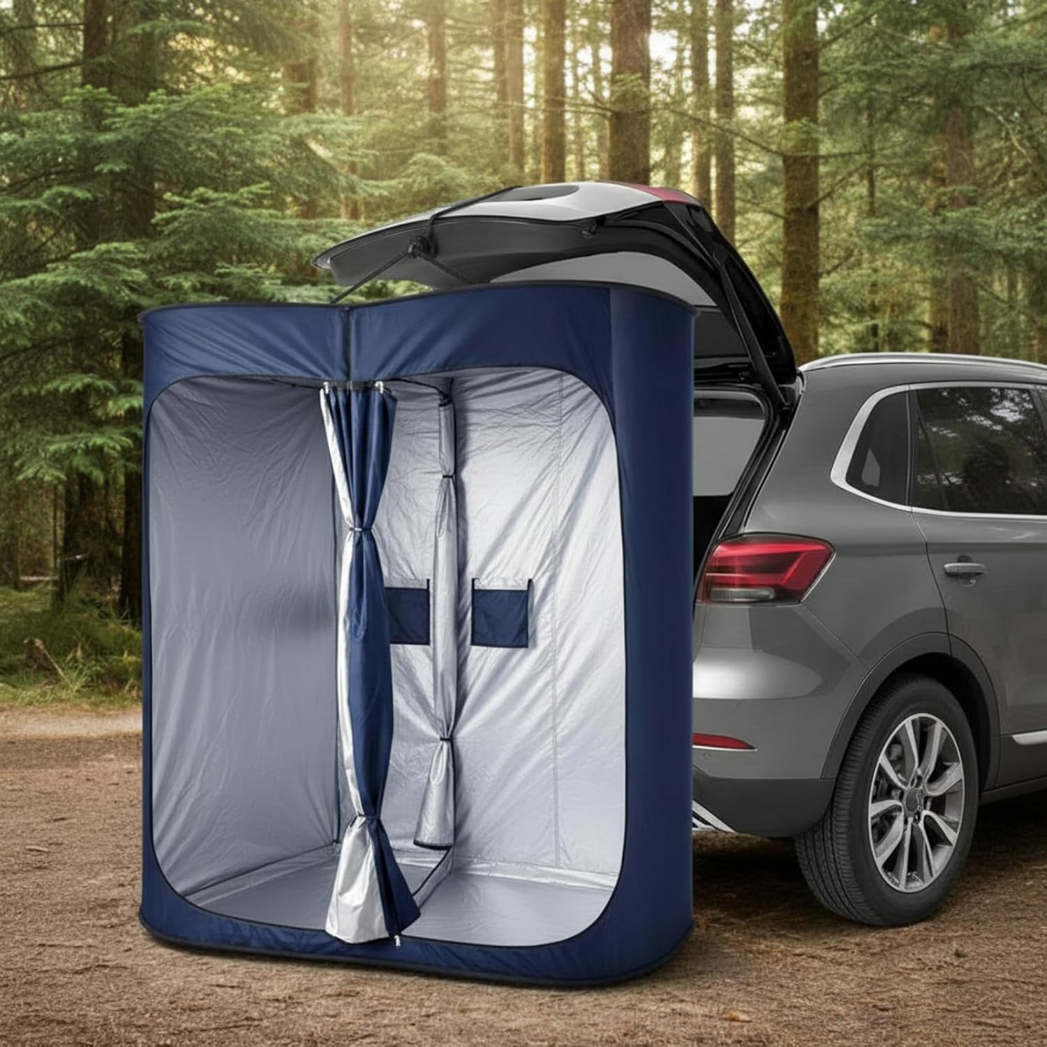 Instant Changing Tent for SUV Trunk, 2 Large Rooms Portable Stable Pop up Shower Privacy Shelter Outdoor Toilet Tent Dressing Room with Floor for Camping Beach Hiking, Include Carry Bag, Blue