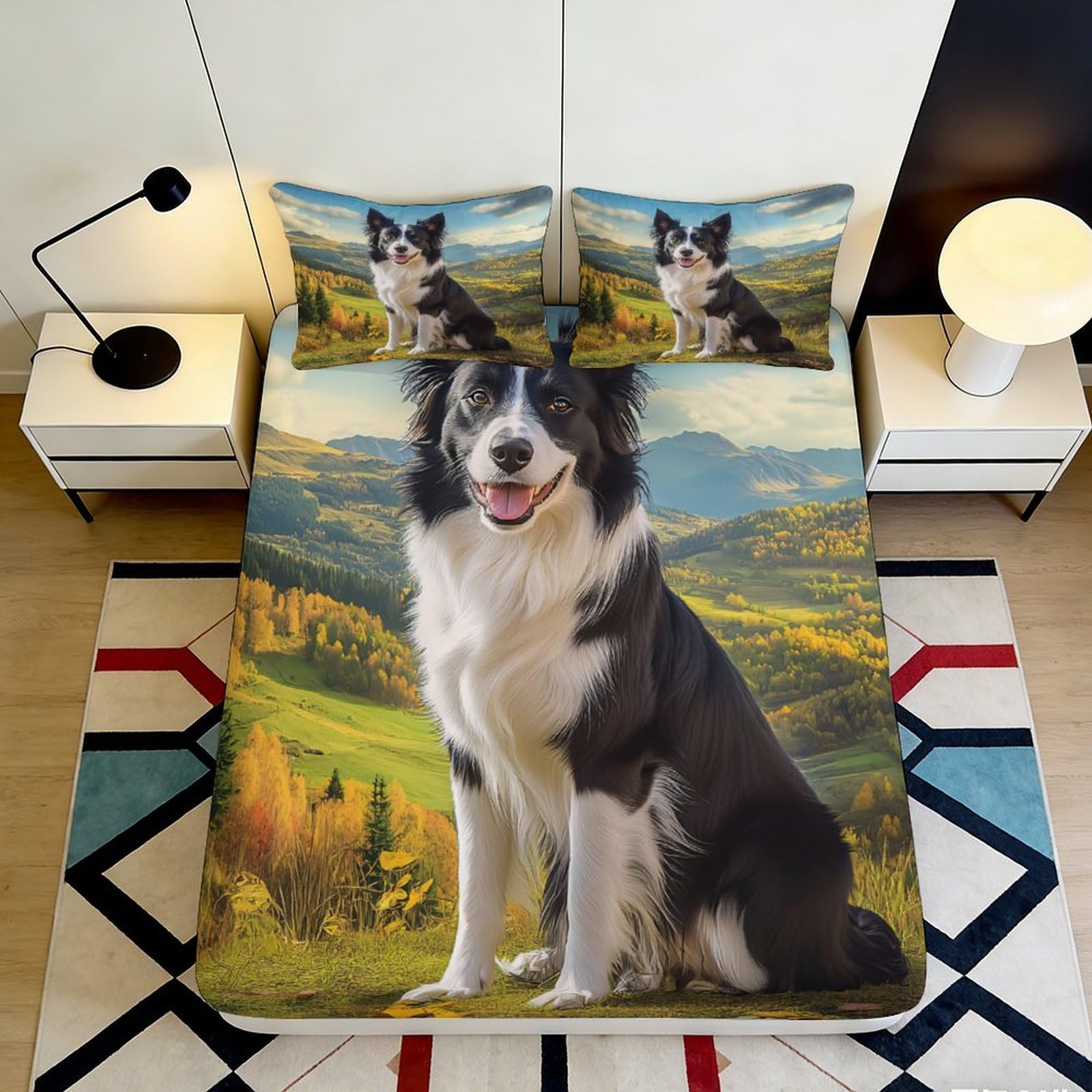 3D Printed Sheepdog Pattern Fitted Sheet Microfiber Bedroom Deep Pocket Mattress Fitted Cover Non-Slip for Adults Teens 140x200x25cm
