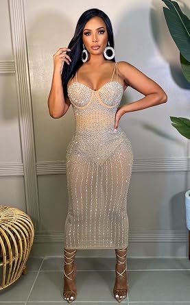 Sexy Spaghtti Strap Rhinestone Bodycon Midi Dress for Women Sleeveless See Through Mesh Pencil Party Club Dresses