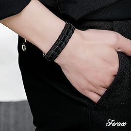 Feraco Mens Magnetic Bracelet Titanium Steel Magnetic Bracelet with Double Row 4 Elements Magnets,Father\'s Day Gifts