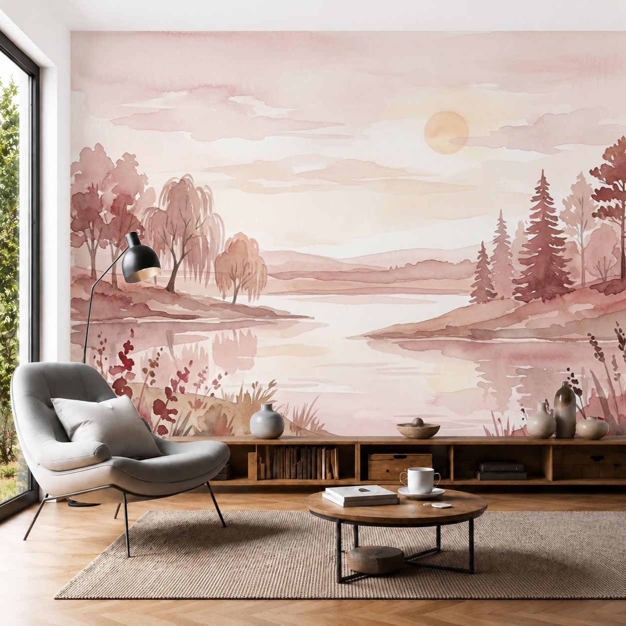 Papier peint panoramique pour agrandir un salon sombre grâce au motif de campagne en soie