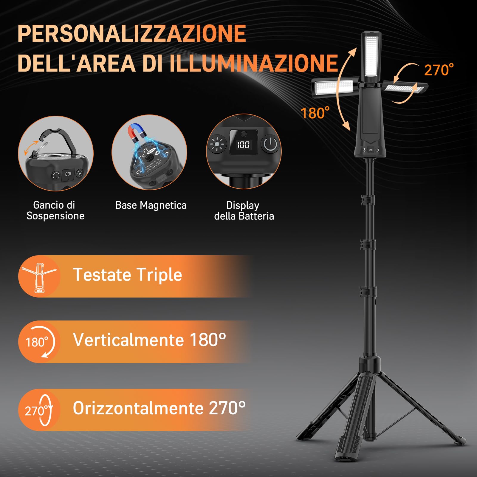 Adewalk 15000 mAh Lampada da Campeggio LED Ricaricabile, 5500LM Lampada da Lavoro con Treppiede, Dimmerabile, Impermeabile IP65, Faretto da Costruzione con 3 Teste per Garage Studio Cantieri