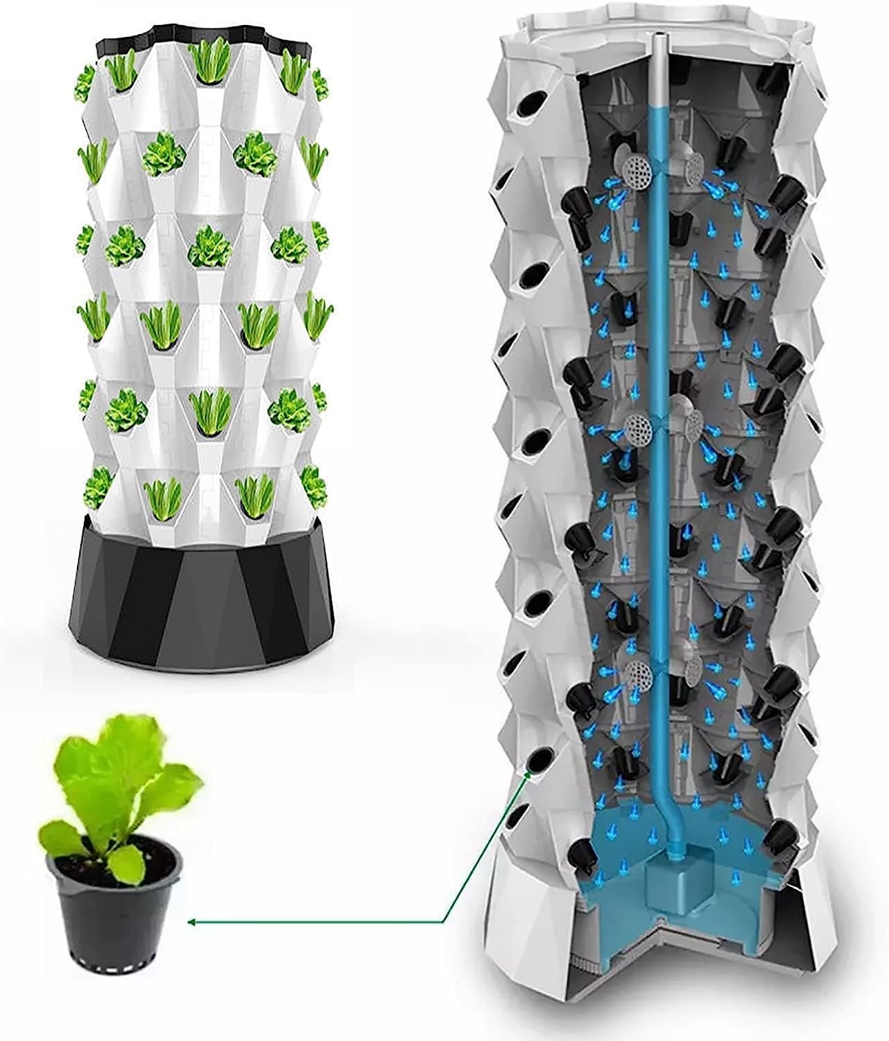 Hydroponic Growing Kits Hydroponic Growing System Kits, Indoor Grow System Vertical Grow Tower with Hydrating Pump, Timer, Adapter, Seeding Bed & Net Pots,Kit (6 Layers of 48 Holes)