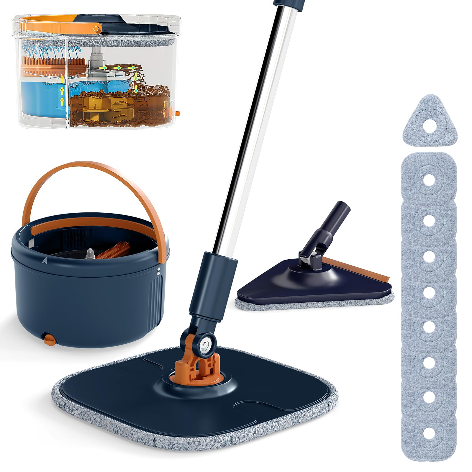 LIFEZEAL Wischmopp Set mit Eimer, Putzeimer mit 360°-Drehmopp & Tücher, Mop Bodenwischer mit Wasch- und Trocknungsfunktion, Bodenreiniger für alle Bodenarten (Blau + 9 Tücher)