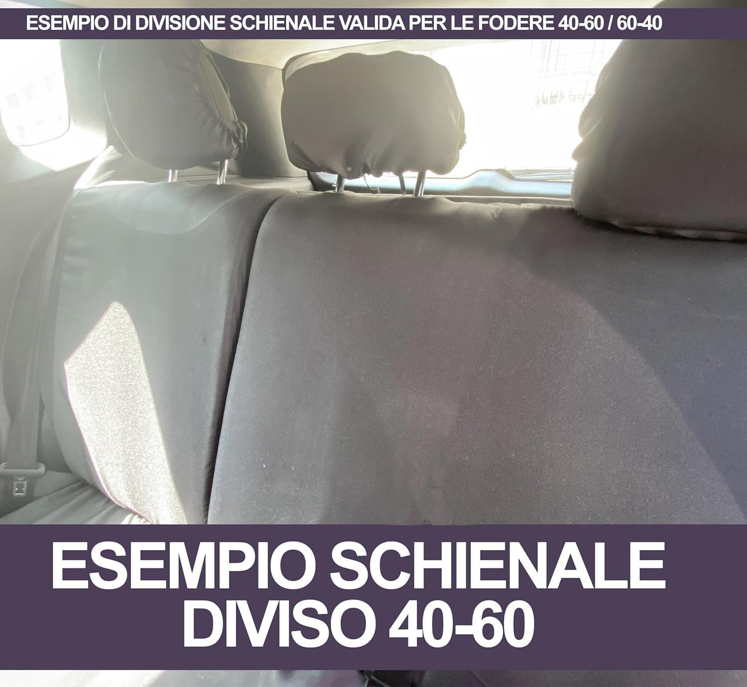 Rebeca Shop® Autositzbezüge kompatibel mit Cinquecento 500, hergestellt in Italien, Polyester-Baumwollgewebe, Set vorne und hinten (Schwarz/Dunkelgrau, hinten 50/50 mit Logo)