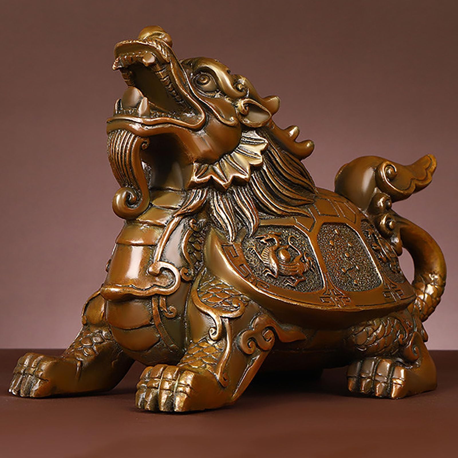 Statue Dragon Tortue en laiton doré antique pour sublimer l'ambiance zen de votre bureau