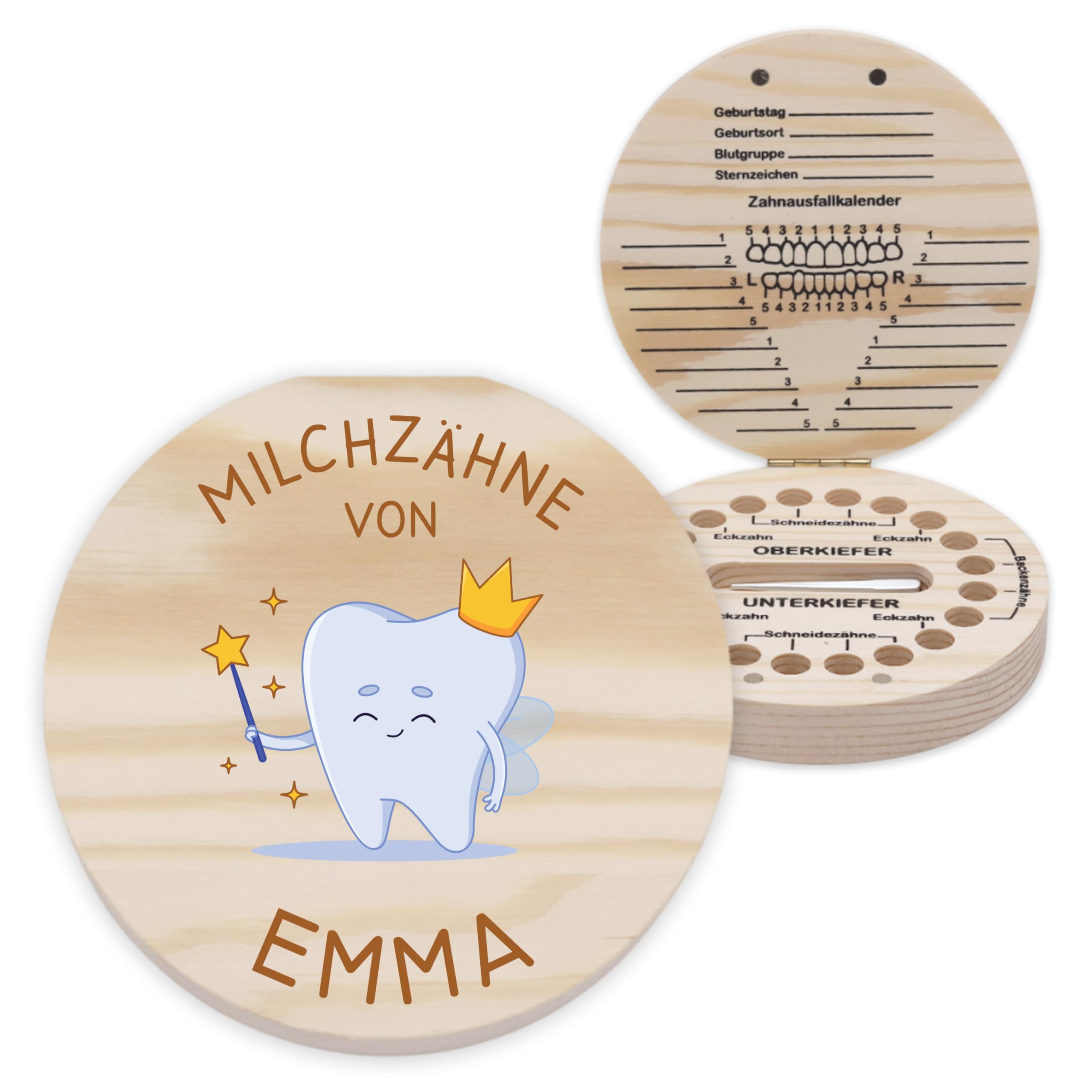 LAUBLUST Personalisierte Milchzahndose mit Namen - Zahnbox mit Zahnfee | Geschenk für Jungen & Mädchen - Milchzahnbox mit Pinzette & Holz Zahndose für Milchzähne zum Aufstellen als Andenken für Kinder