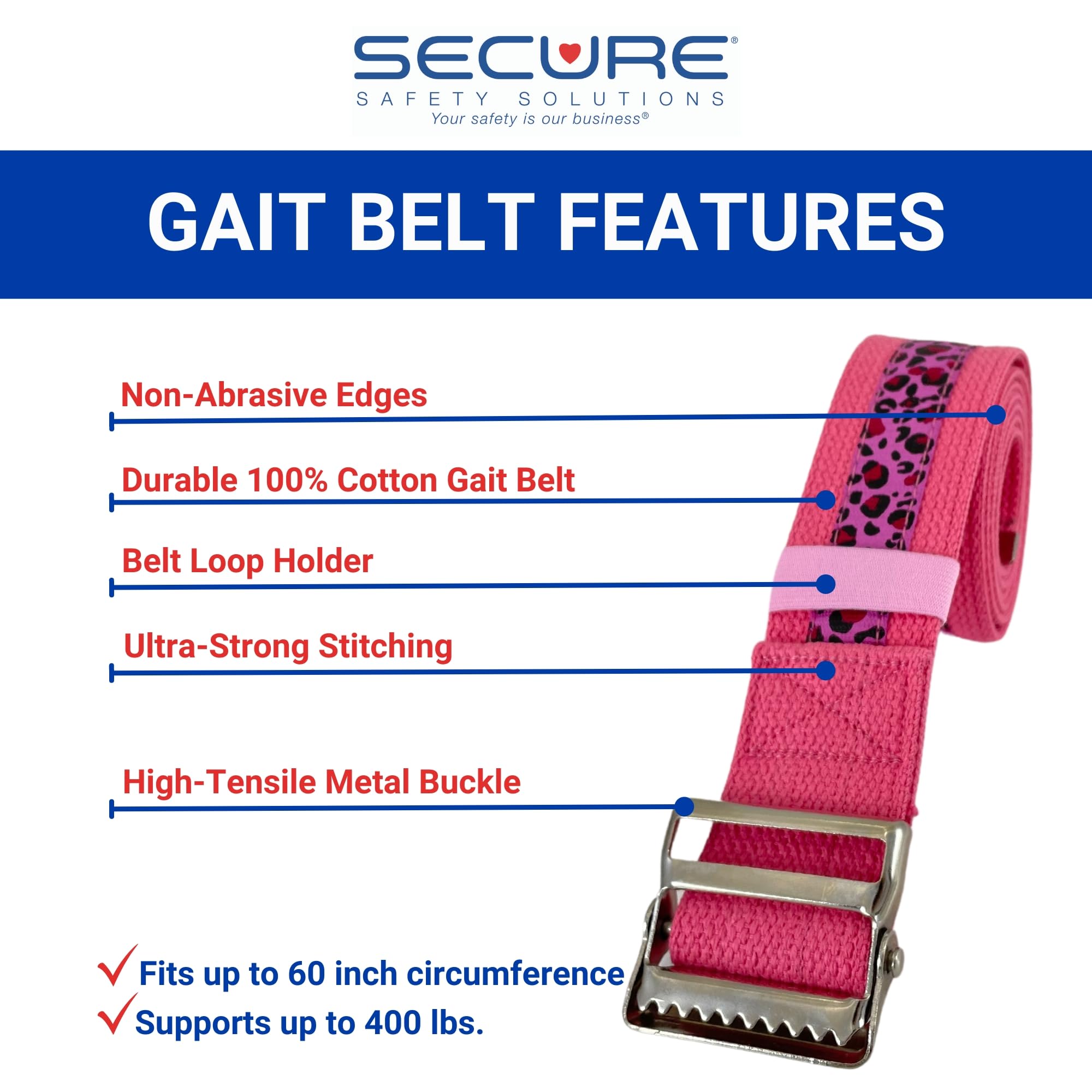 Cintura di sicurezza per anziani, 152,4 cm, leopardo rosa – fibbia in metallo a sgancio rapido – Trasferimento cancello ascensore assistere anziani PT fisioterapia