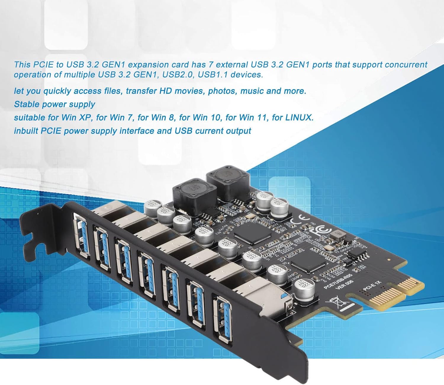 PCIE to USB 3.2 GEN1 7 Port Expansion Card, PCI Express USB Add in Card, Internal USB 3.2 GEN1 7 Port Front Expansion Card for Win XP Win 7 Win 8 Win 10 Win 11 Linux