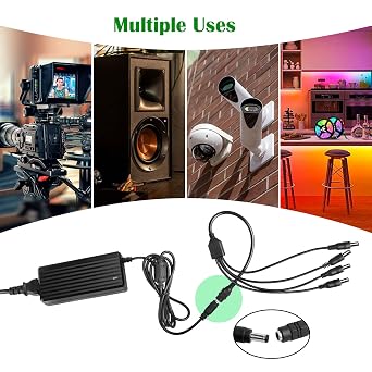 Power Supply 12V 5A Adapter,LeTaoXing AC 100-240V to DC12 Volt 60W Converter Driver Transformer with 4-Way 4 Way Splitter Cable 4CH for LED Strip Lights Security CCTV Camera