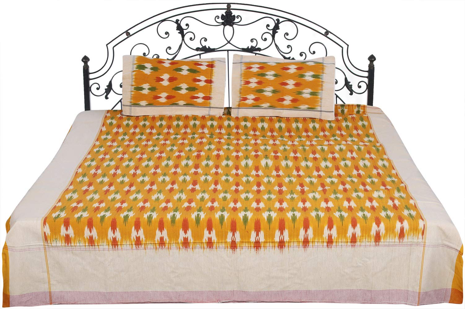 Exotic India Ikat Bedspread Hand-Woven in Pochampally - Pure Cotton with Pillow Covers-image-42