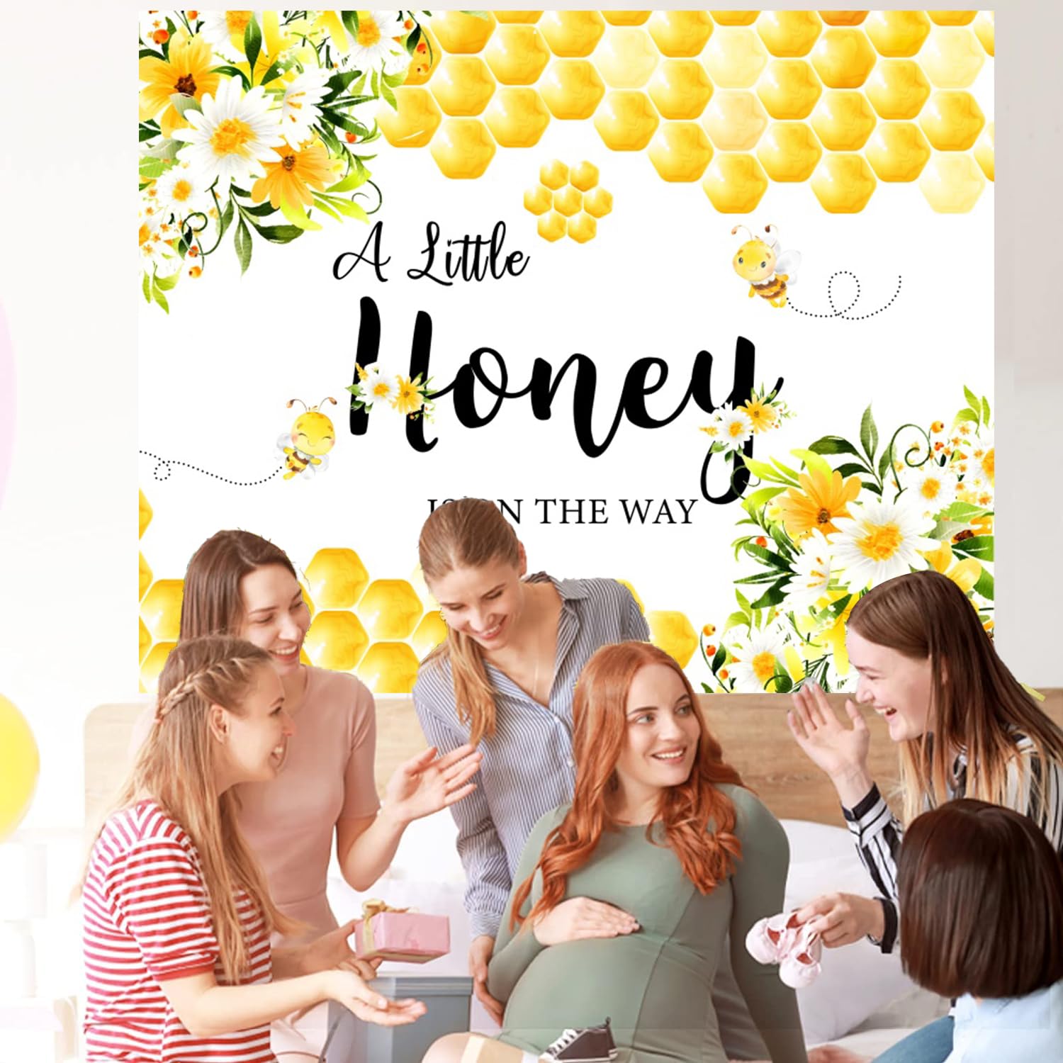 Fotohintergrund Für Babyparty – Bienen-Design Mit Spruch 'A Little Honey Is On The Way', 2,1x1,5 M