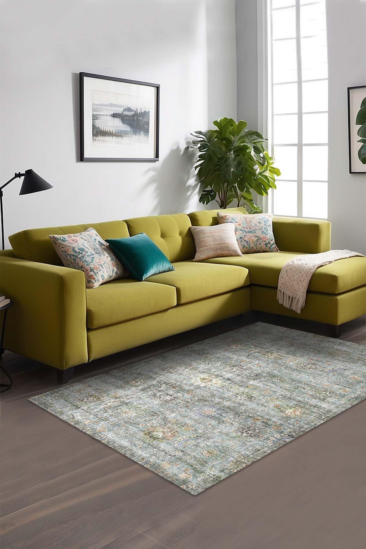 Bliss Vintage Desenli Şönil Pamuk Tabanlı Yıkanabilir Kaymaz Antibakteriyel Salon Halısı 140x200