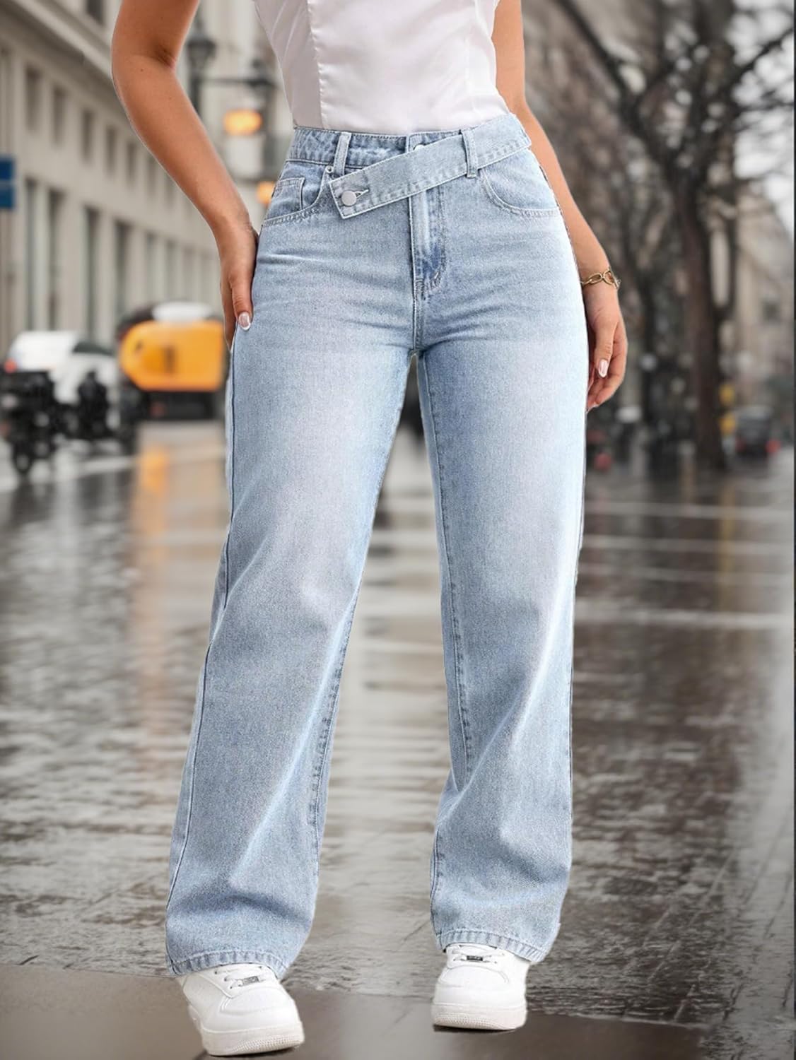 Women's Light Blue High-Waist Stretch Jeans with an Asymmetrical Belt Design, Stylish Loose Casual Jeans