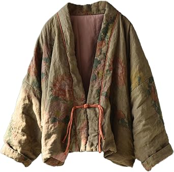 LUZU JUNU Womens Floral Printed Short Quilted Jacket Open Front V-Neck Shawl Collar Drop Shoulder Vintage Outwear