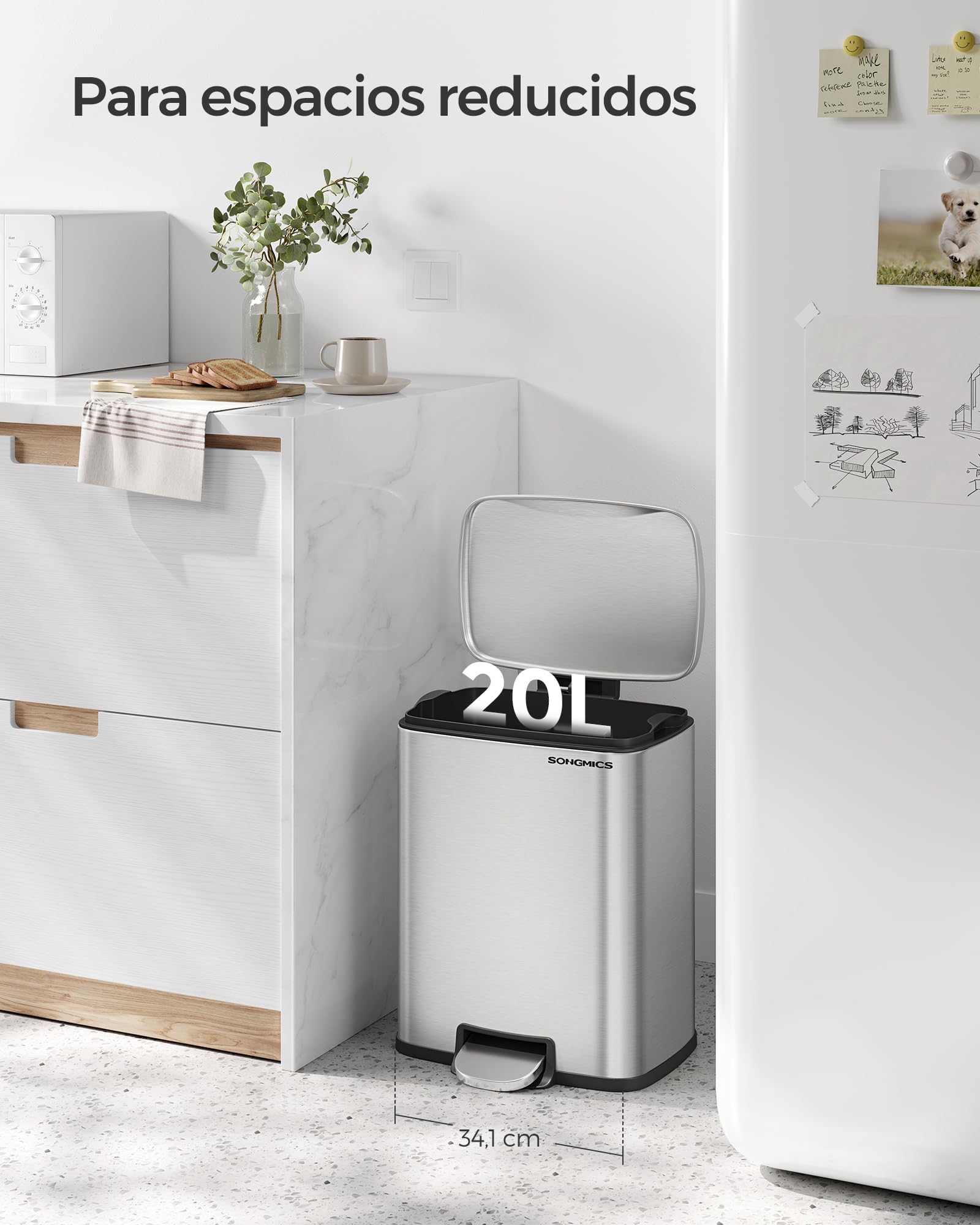 SONGMICS Papelera de Cocina, Cubo de Pedal de 20 L, Cubo de Basura, Tapa de Cierre Suave, Permanece Abierta, Cubo Interior, Incluye 15 Bolsas de Basura, Plata Metálico LTB543E01