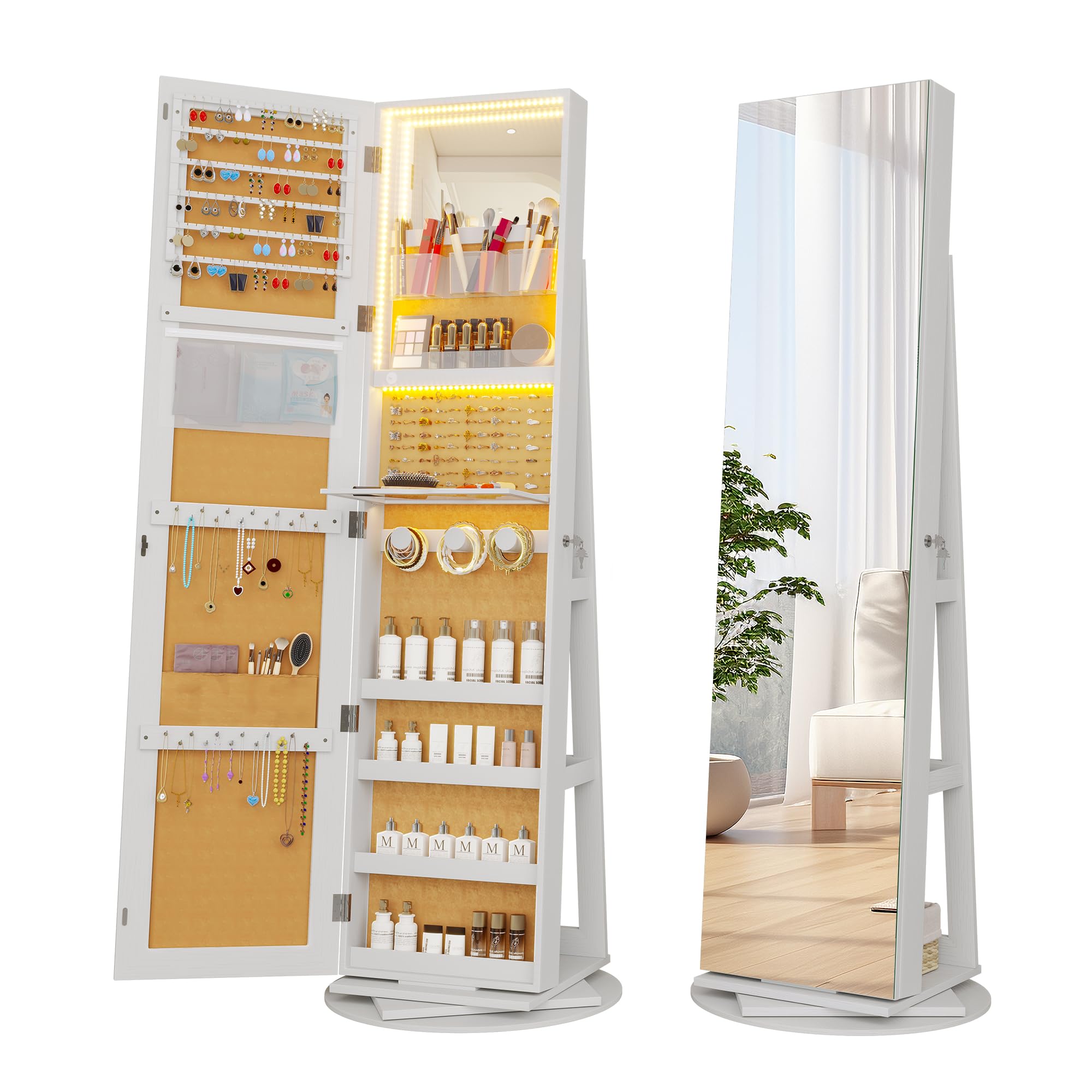 LVSOMT LVSOMT Espejo joyero de pie giro de 360°, LED Armario joyero con espejo cuerpo entero, Espejo armario joyero con cerradura, Armario para Joyas con Espejo de maquillaje para dormitorio, Blanco+Amarillo