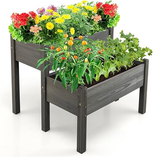 S AFSTAR Juego de 2 camas elevadas de jardín, macetas elevadas de madera con 8 agujeros de drenaje y 2 jardineras, contenedor de plantación al aire
