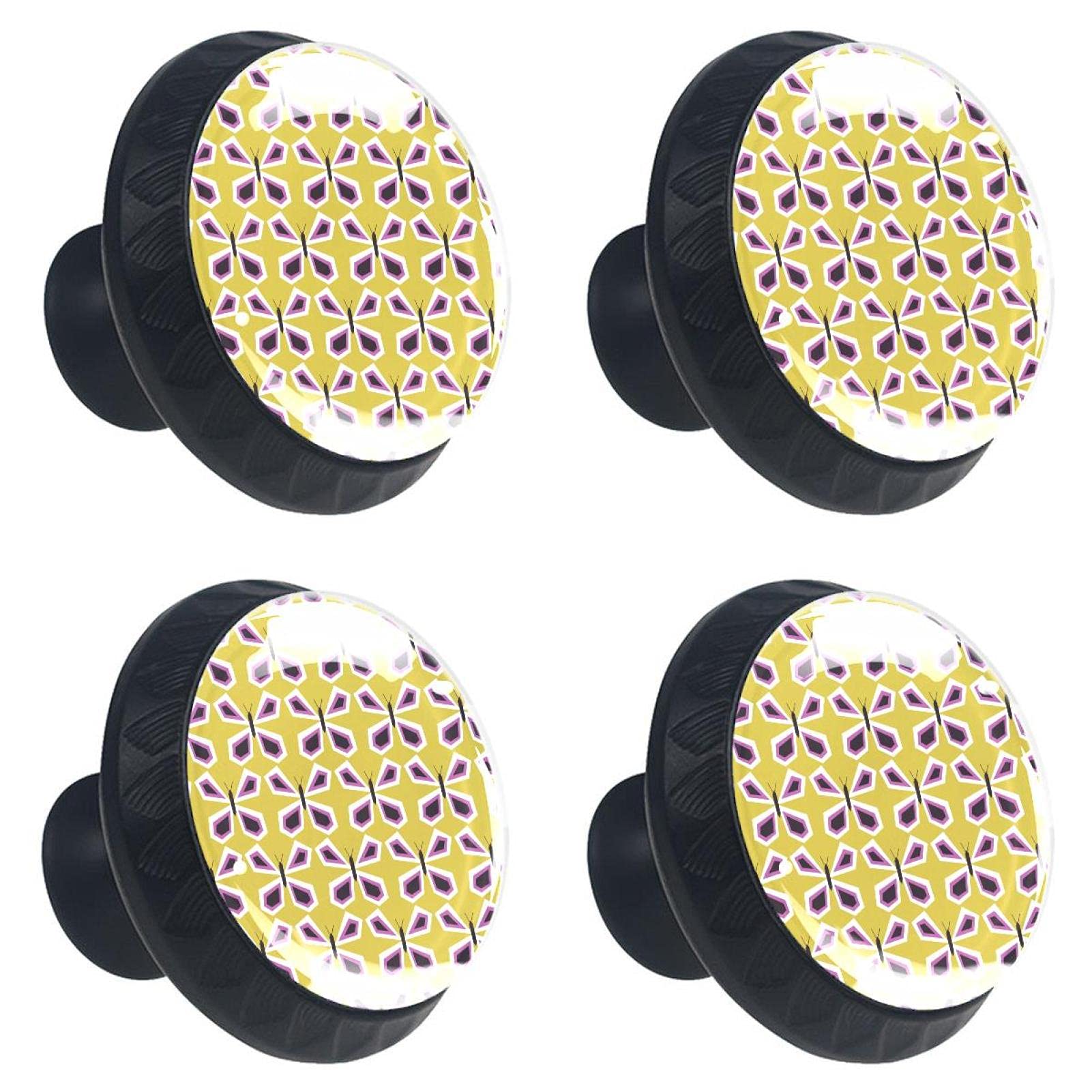 Boutons de tiroir rétro en verre papillon jaune, lot de 4 poignées multicolores pour meuble
