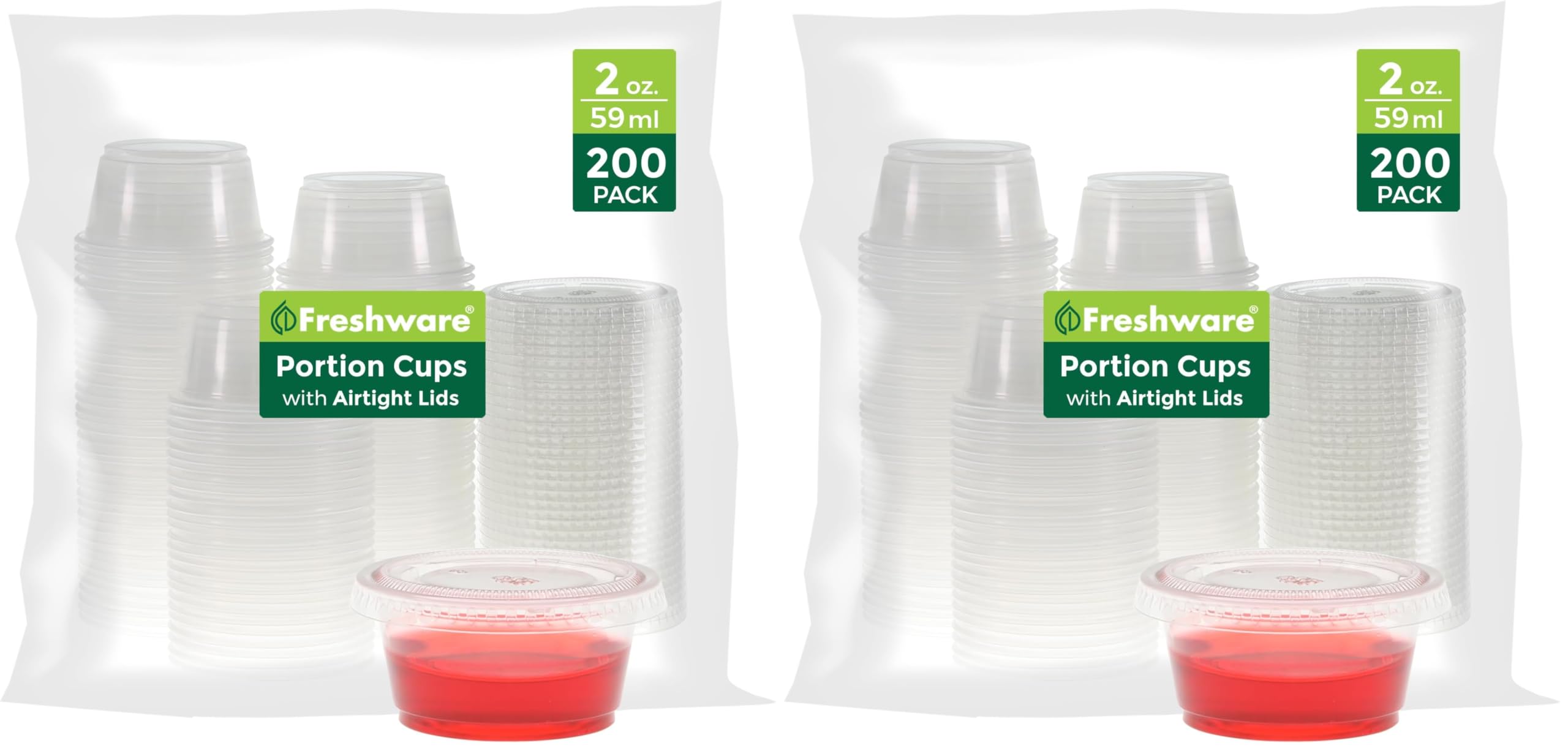 Freshware Plastic Portion Cups with Lids [2 Ounce, 200 Sets] Disposable Plastic Cups for Meal Prep, Salad Dressing, Jellos Shot Cups, Souffle Cups, Condiment and Dipping Sauce Cups (Pack of 2)