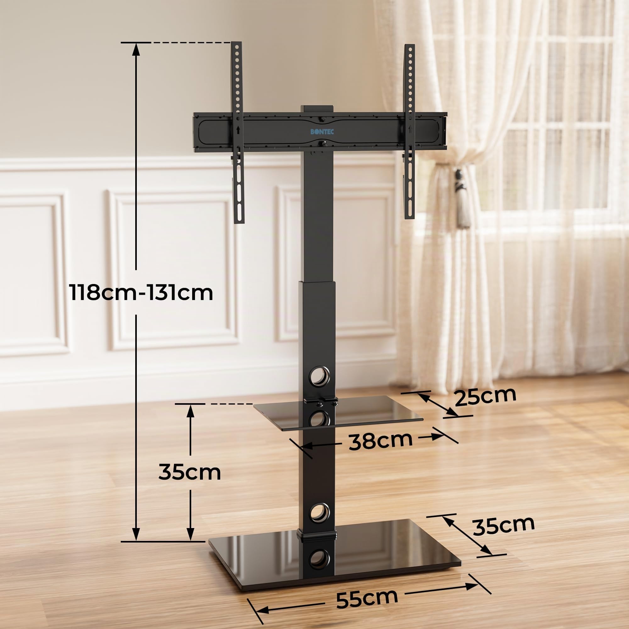 BONTEC Universale Supporto TV da pavimento per TV da 30-70 pollici LED OLED LCD, Porta TV da Terra Regolabile in Altezza con Ripiani in Vetro Temperato a 2 Livelli Max VESA 600x400mm, Fino a 40KG