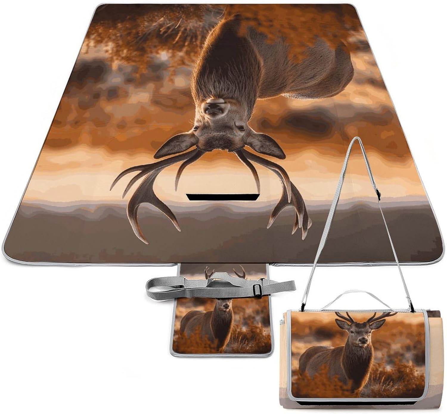 Antler Red Deer Waterproof Picnic Blanket 58.3''x58.3'',Portable and Foldable Picnic Mat with Handle,Outdoor Blankets for Lawn Park Beach Travel
