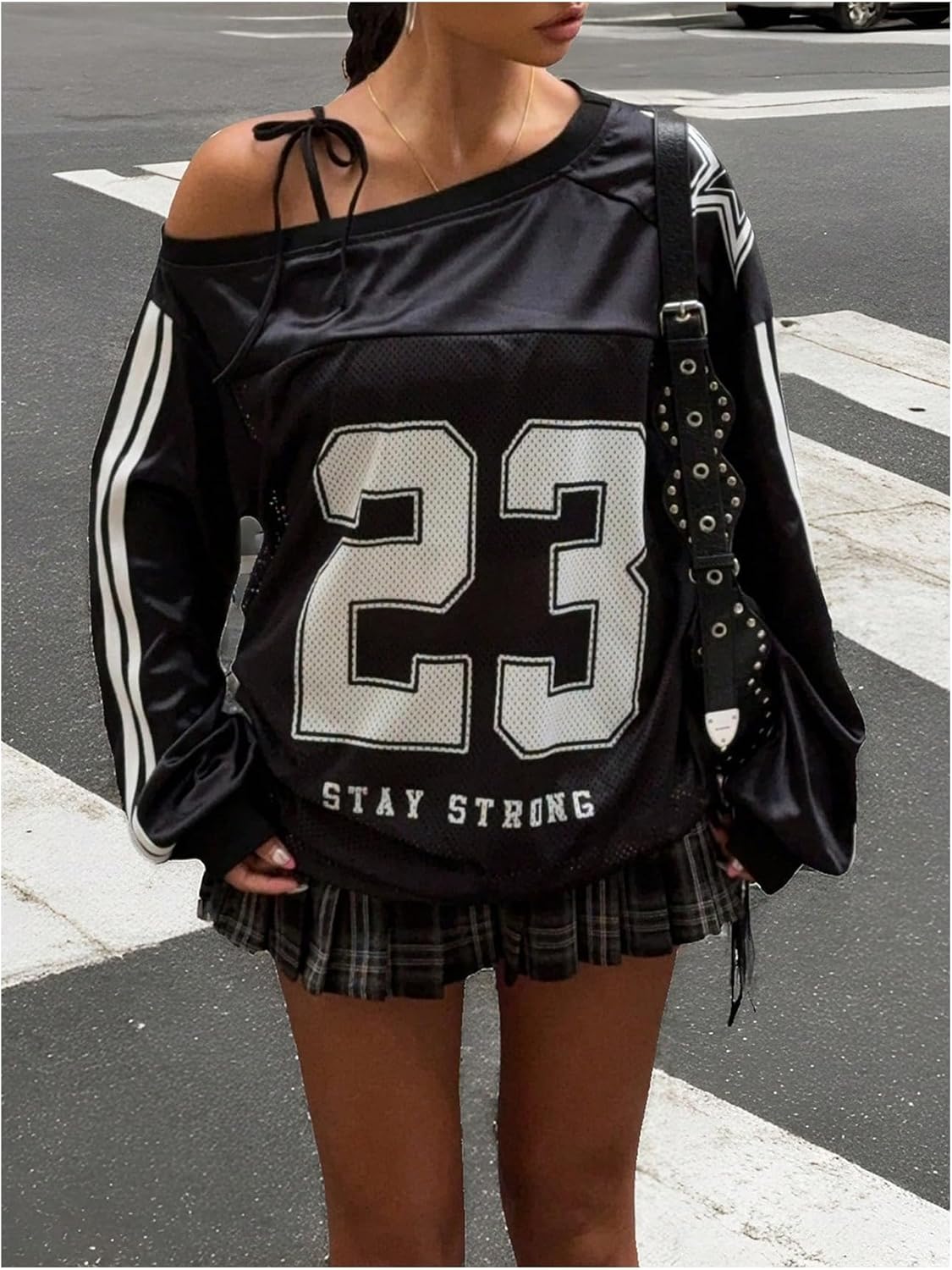 MakeMeChic Women's Off The Shoulder Jersey Shirt Number Print Long Sleeve Y2K Tee Top - Image 3