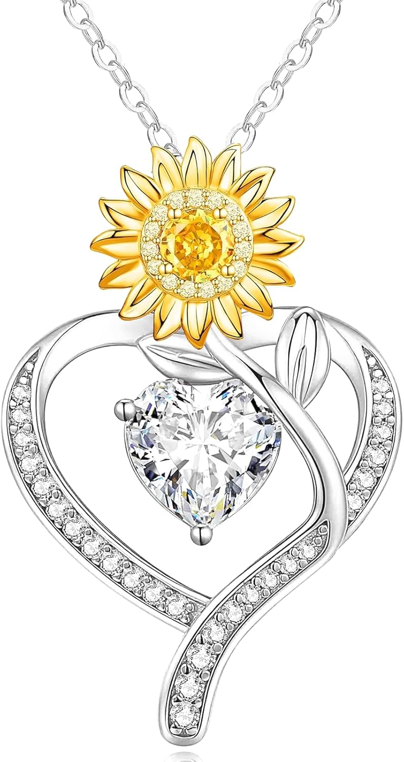 Sunflower Heart Birthstone Necklaces for Women, 925 Sterling Silver Jewelry, Pendant Heart Necklace Birthday Anniversary Valentines Gift for Wife Mom Girlfriend Daughter Lady