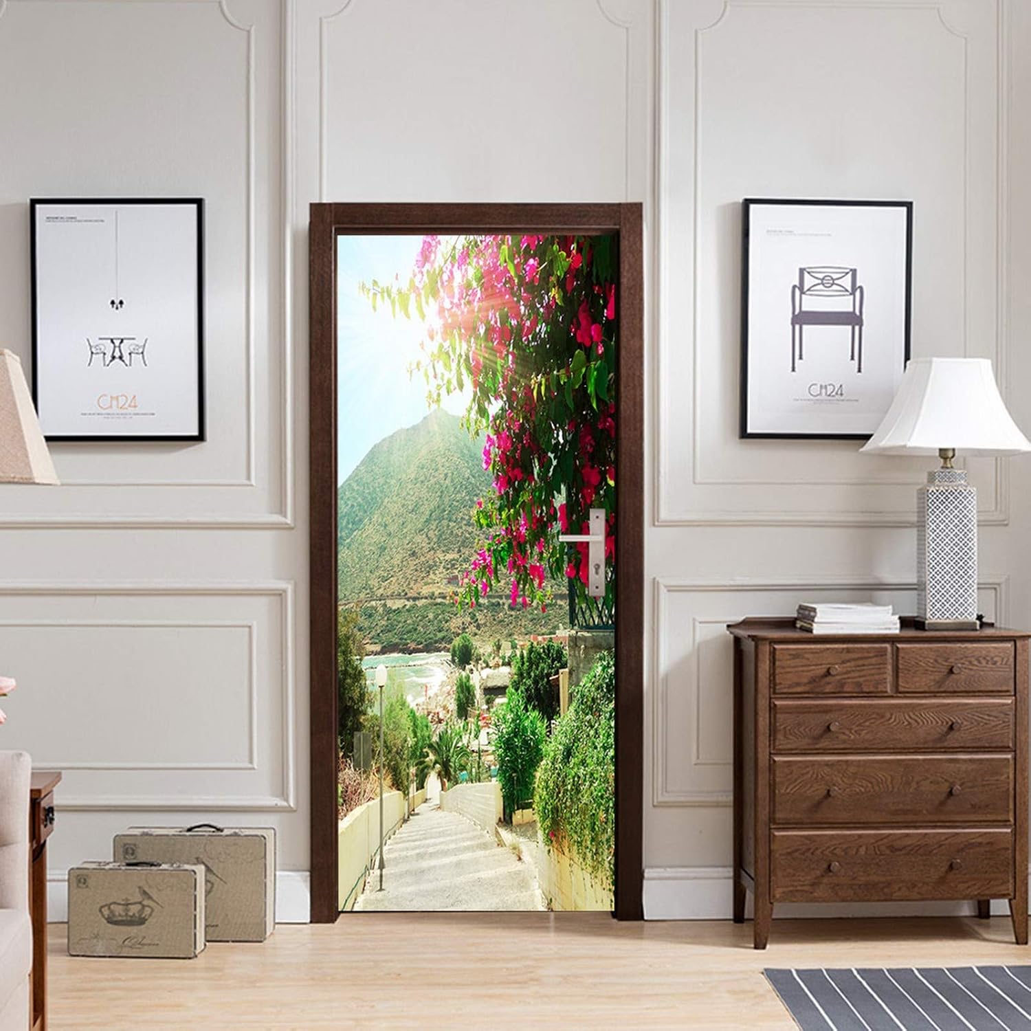 A.Monamour 3D Door Stickers for Interior Doors Stairs to Beach Mediterranean Sea Landscape Crete Island Greece Vinyl Waterproof Self Adhesive Door Mural Decals for Bedroom Office Bathroom 77 x 200 cm