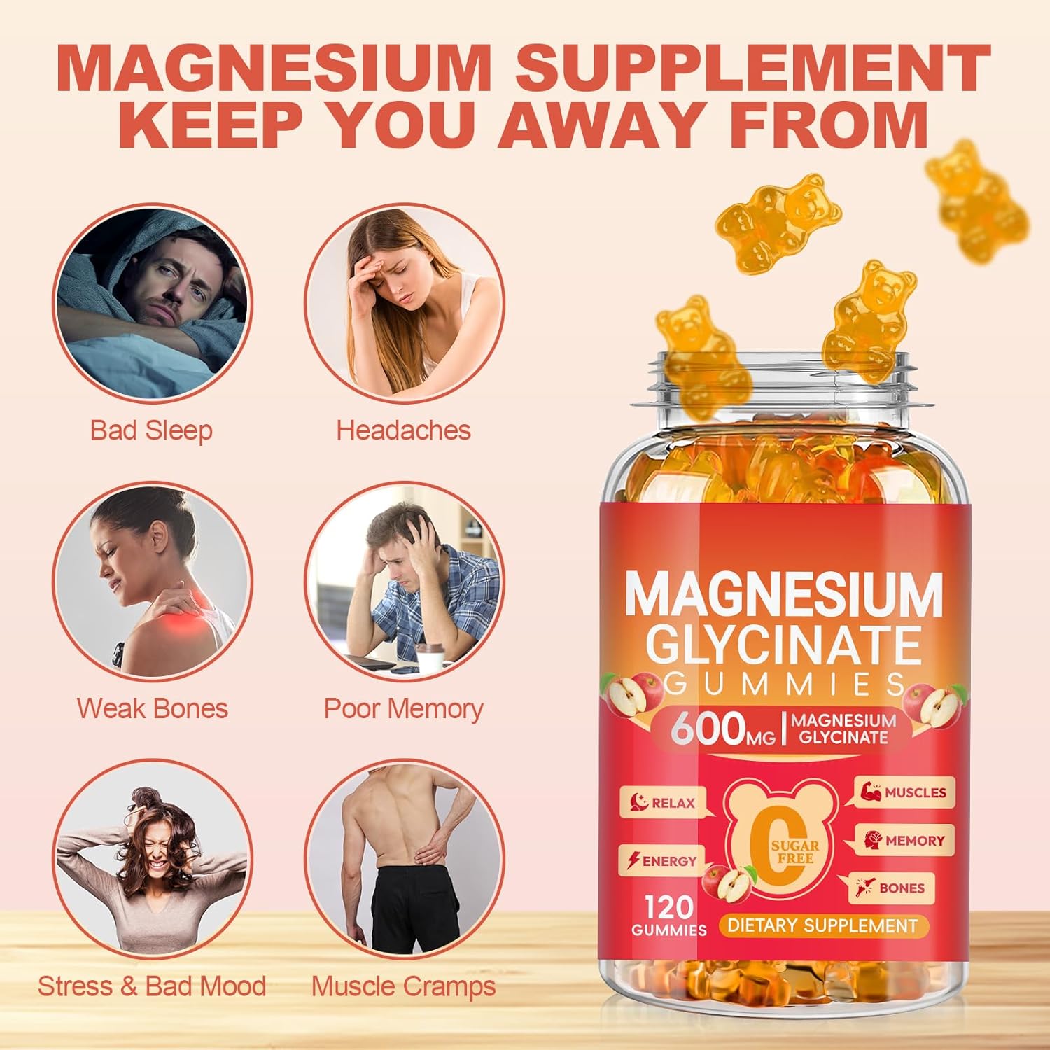 Magnesium Glycinate Gummies 600mg High Absorption, Magnesium Glycinate for Women and Men with Vitamin D, B6, and CoQ10 for Adults & Kids, Magnesium Supplement for Calm Support & Sleep, 120 Count
