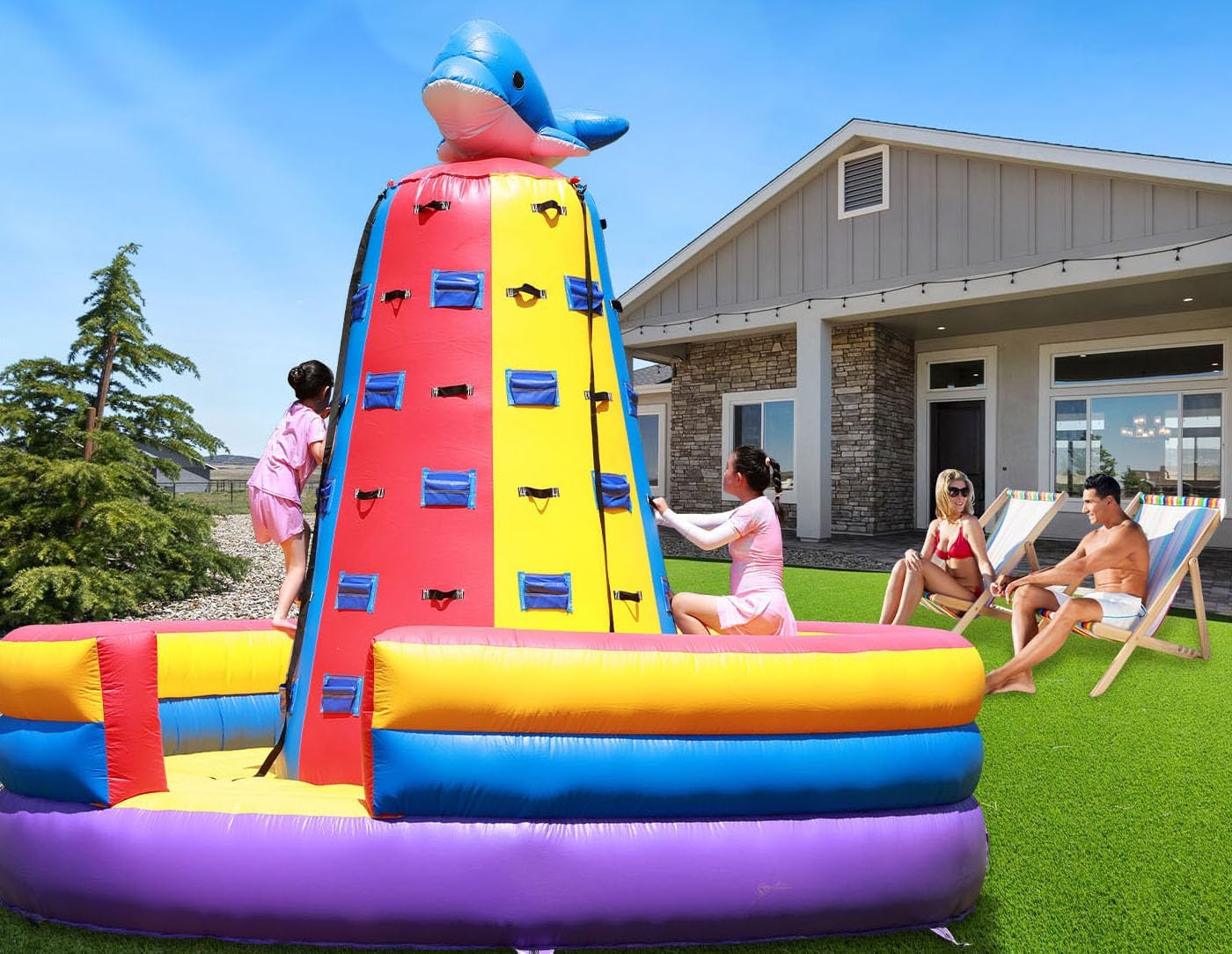 14.8FT Commercial Grade Climb Wall Bounce House for Big Kids, (1100w Blower) (Full PVC), Heavy Duty Inflatable Obstacle Course for Backyard Lawn Outdoor Party Games