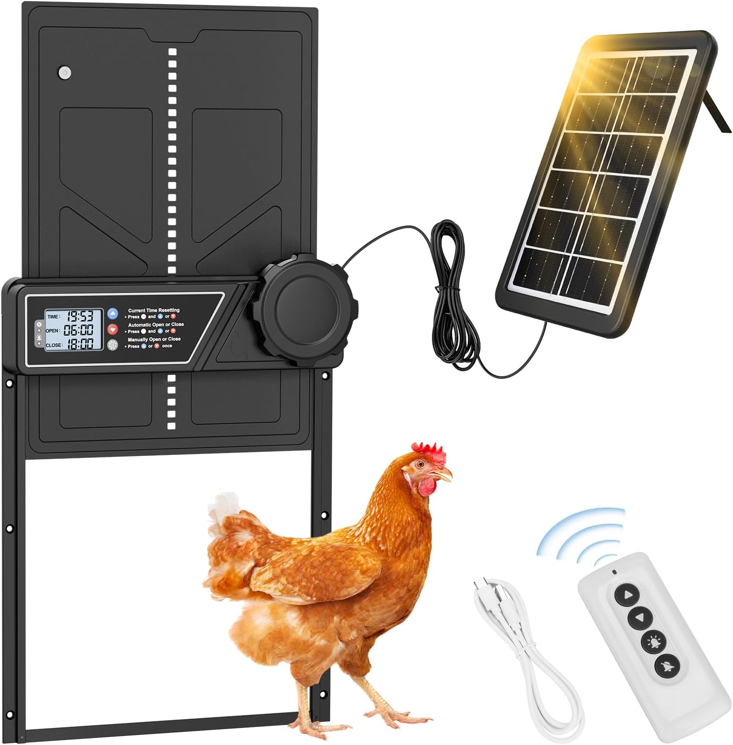 ECLINCO Solar Powered Automatic Chicken Coop Door with LCD Timer, Remote Control & Anti-Pinch Protection
