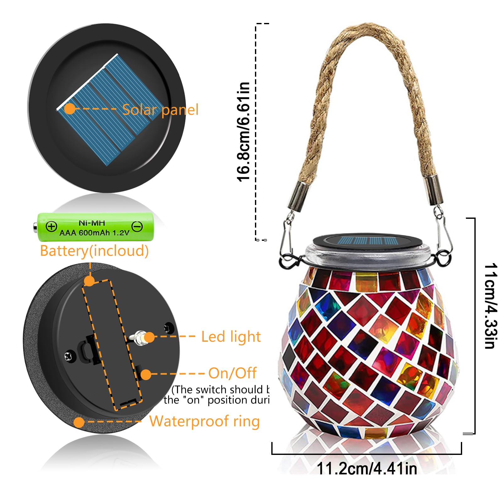 1 pz Luci solari ovali a mosaico esterno, on/off, in vetro, da appendere, a mosaico, luci solari IP65 impermeabili per tavolo, prato, sentiero, cortile, ponte, recinzione, luce rossa quadrata