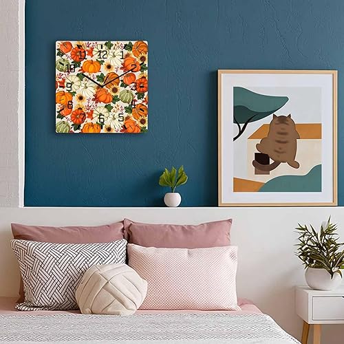 Miniatura 3 de Fall Pumpkins Wooden Wall Clock Silent Non Ticking, Farmhouse Thanksgiving Autumn Linen Texture Square Wall Clock Battery Operated, Decor Clock for