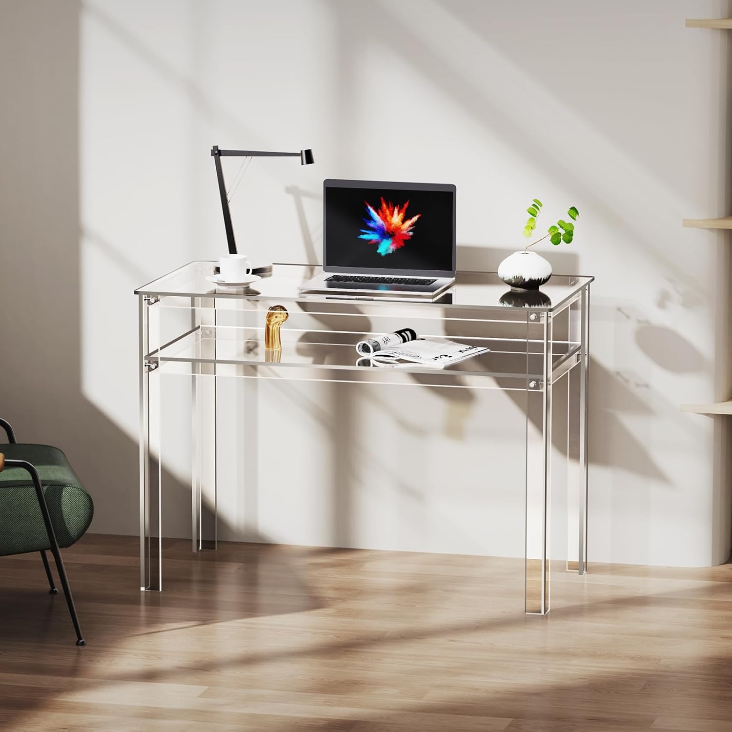 Clear Acrylic Desk with Open Storage, Home Office Computer Writing Desk Office Study Table (Clear, 39.4'' x 19.7'' x 29.5'')