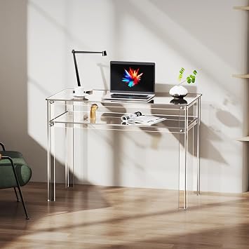Clear Acrylic Desk with Open Storage, Home Office Computer Writing Desk Office Study Table (Clear, 39.4'' x 19.7'' x 29.5'')