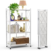 Our Modern Space 4-Tier Foldable Storage Shelf with Wheels | Metal Rack Collapsible Shelving Display | Rolling Cart for Books Kitchen Storage Shelves | Pantry & Closet Organizer | Office Room Decor