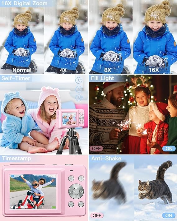 Digital Camera, FHD 1080P Point and Shoot Kids Camera with 32GB Card, 16x Zoom Anti-shake Date Stamp, Compact Portable Small, Starter for Kids, Teens, Students, Girls, Boys