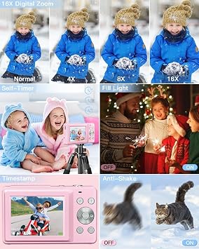 Digital Camera, FHD 1080P Point and Shoot Kids Camera with 32GB Card, 16x Zoom Anti-shake Date Stamp, Compact Portable Small, Starter for Kids, Teens, Students, Girls, Boys
