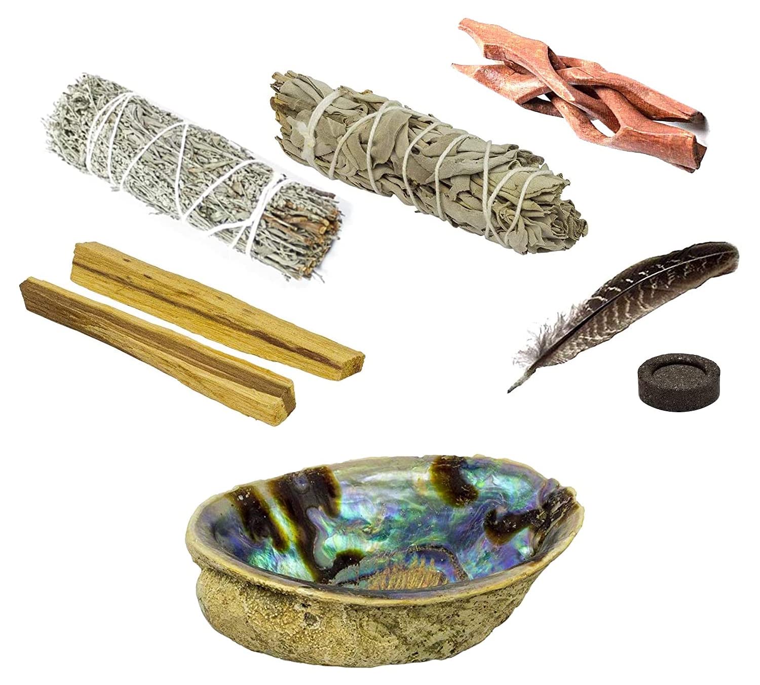 Geofossils Natural - Apache 8Pc Collection Of White California Sage And Blue Sage, Palo Santo, Abalone Shell, Feather, Wooden Cobra Stand, Crystal Cleaning And Crystal Cleansing Smudge Kit Set