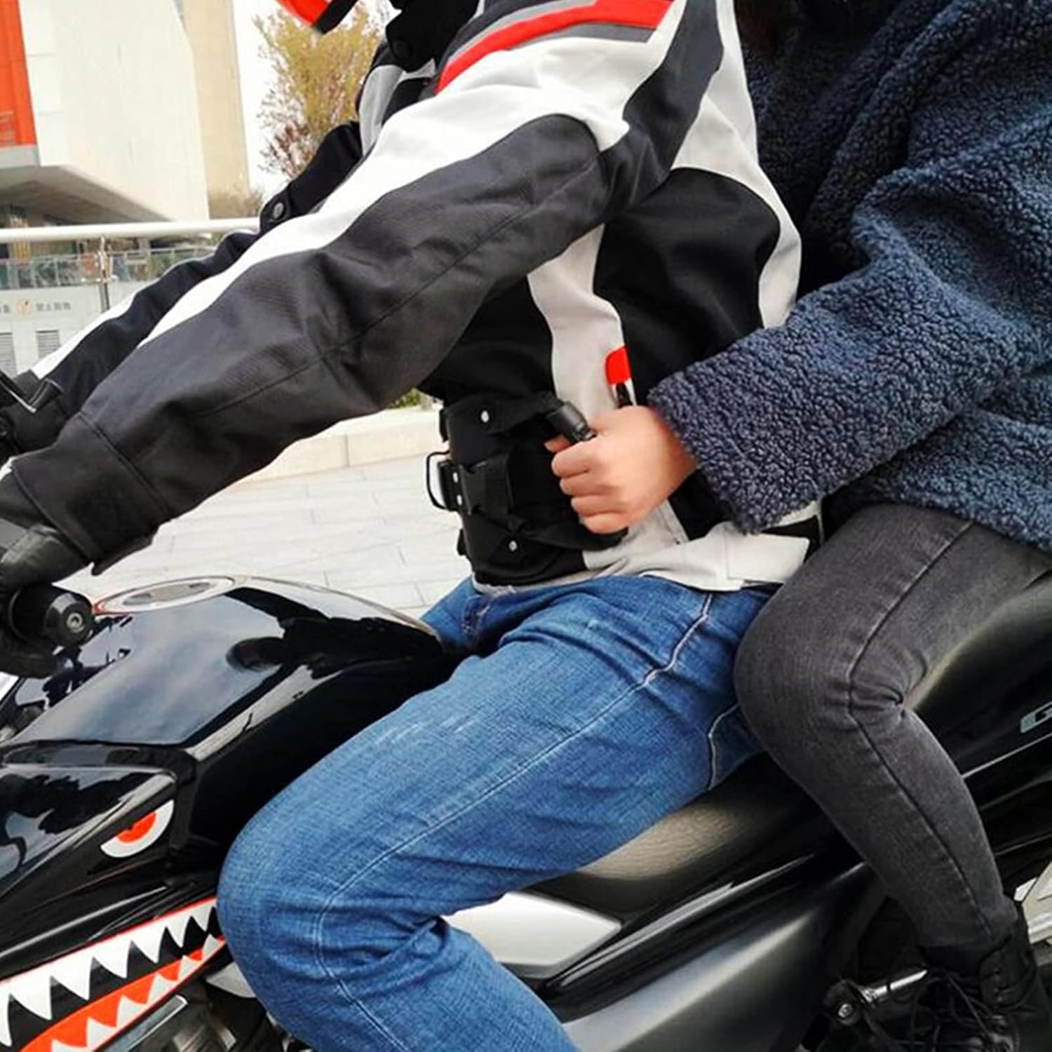Motorcycle Passenger Secure Waist Strap with Grip-Texture Grab Handles, Heavy-Duty Oxford Cloth Rear Seat Body Stabilizer Harness with Customizable Fit for Adult
