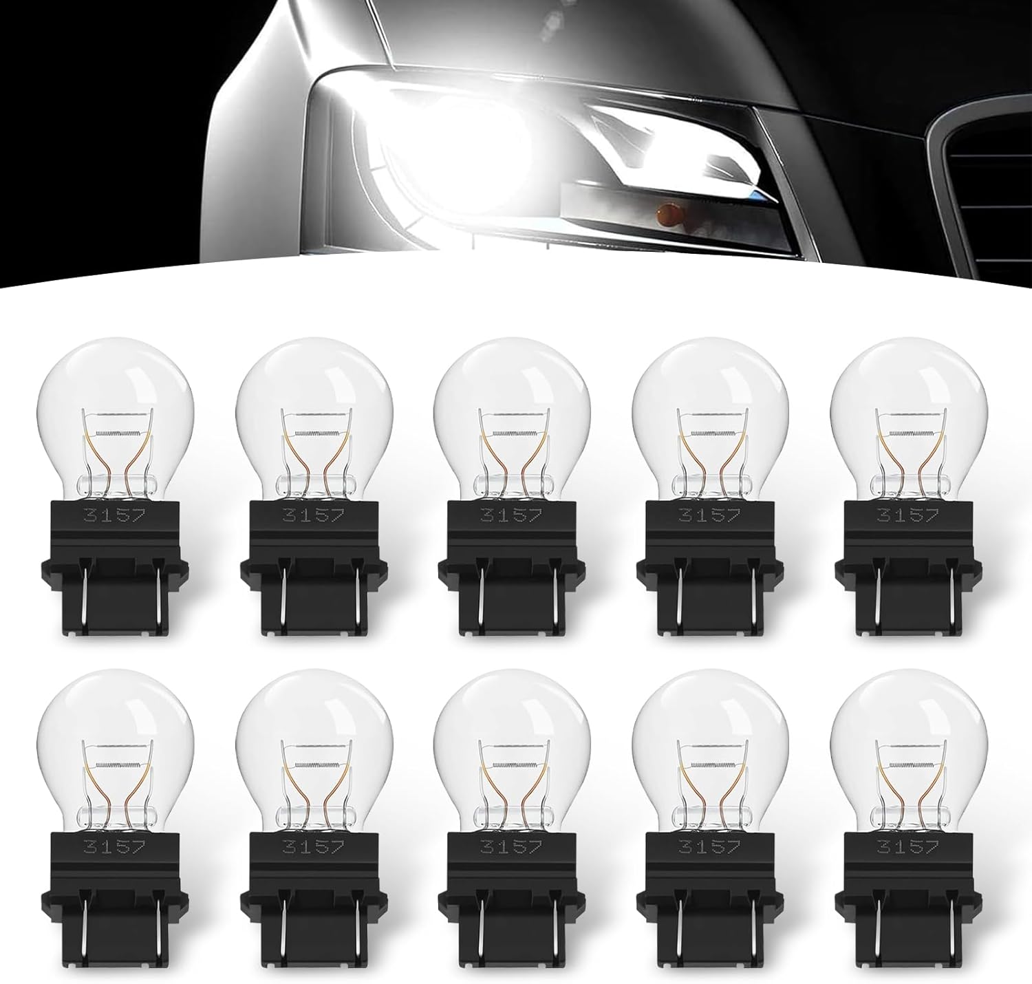 Pack-10 Automobile 3157 Brake Lights, 1.62″ x 0.64″ Waterproof Shockproof Quartz Glass Lamp Housing Halogen Bulbs, 12V 3000K Extremely Shiny Plug and Play Lighting Bulb, Common for Most Automobiles (White)