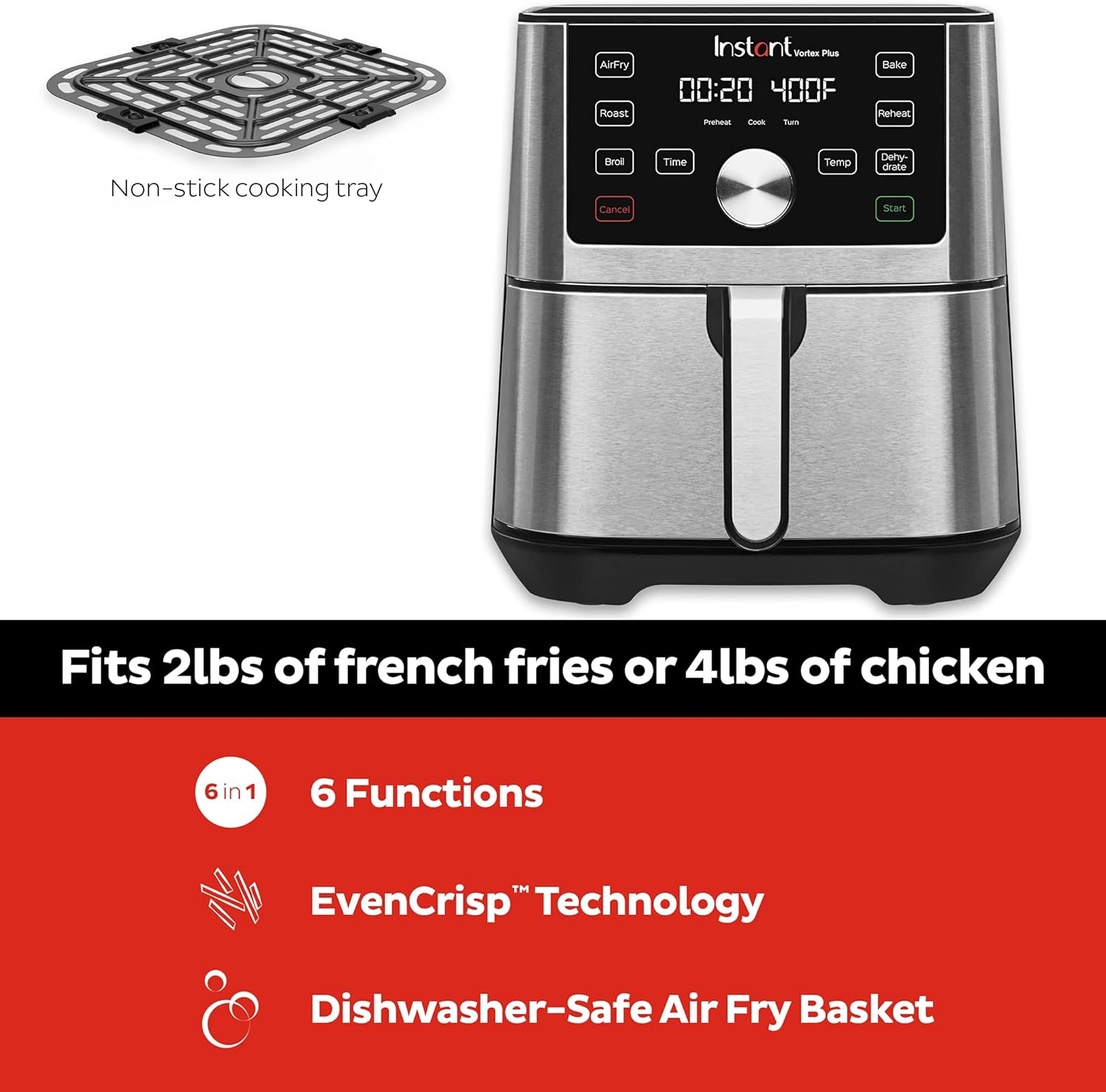 Instant Vortex Plus 6-in-1 Air Fryer, 6 Quart Black, 4 Customizable Smart Cooking Programs, Digital Touchscreen, Large Non-Stick Air Fryer Basket : Home & Kitchen