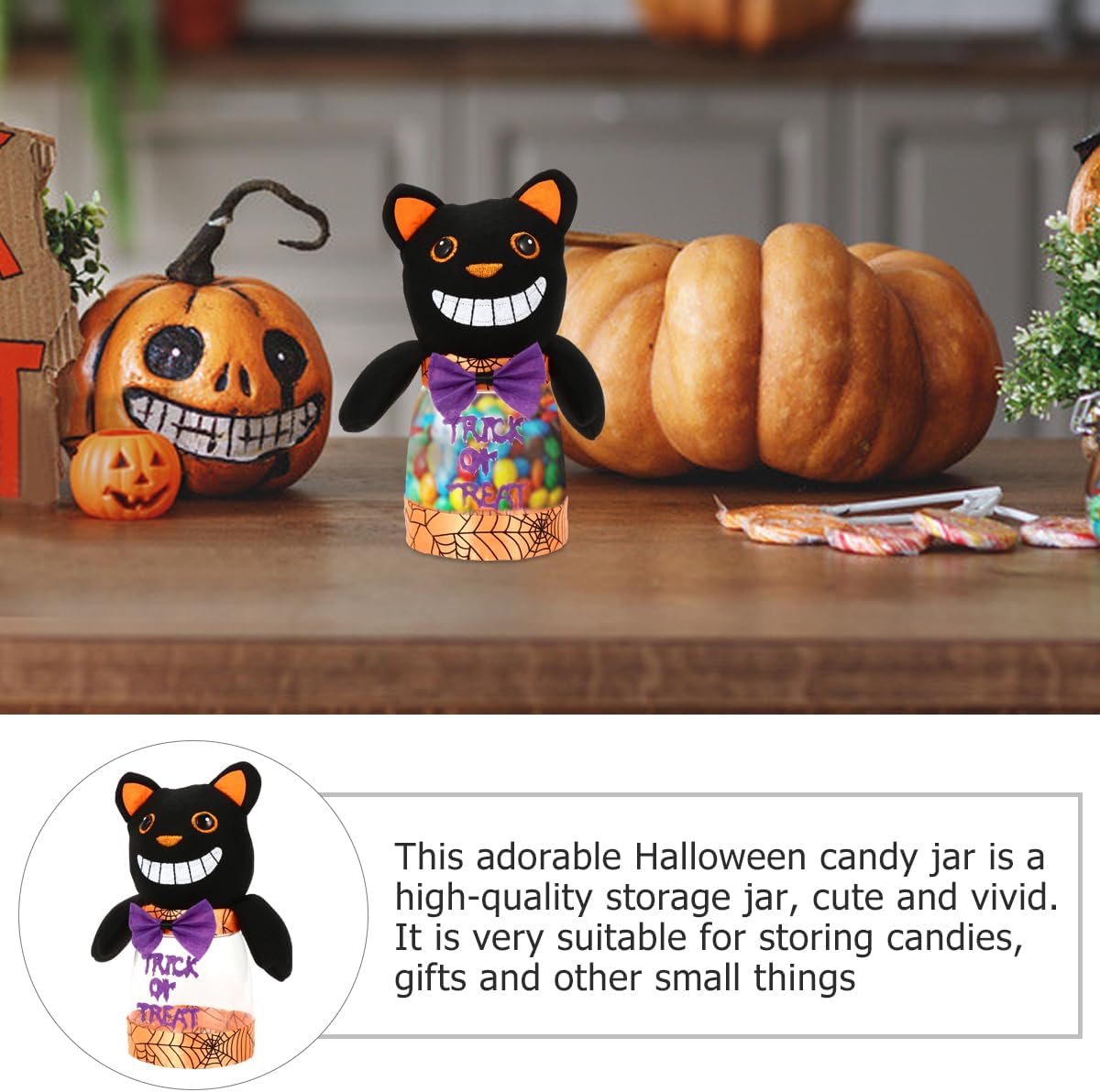 Luxshiny Halloween Cat Candy Jar Plastic Container with Lid Cute Black Cat Design Small Clear Candy Storage for Party Treats and Desk Decoration
